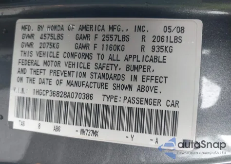 2008 Honda Accord 3.5 Ex-L from USA, damaged, VIN 1HGCP36828A070386
